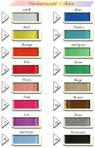 Übersicht von 16 verschiedenen Garnfarben für die Bestickung einer Babydecke. Die Farben sind nummeriert und umfassen Weiß, Gelb, Orange, Rot, Rosa, Pink, Lila, Hellblau, Blau, Türkis, Hellgrün, Grün, Beige, Braun, Grau und Schwarz.