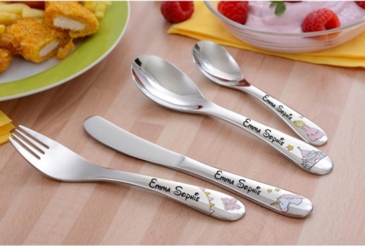 Kinderbesteck mit Namens-Gravur und bunten Motiven - Modell: PRINZESSIN