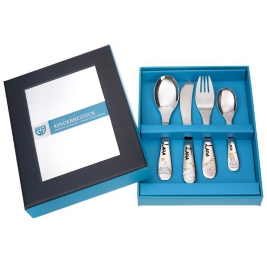 Kinderbesteck mit Namens-Gravur und bunten Motiven - Modell: PRINZESSIN