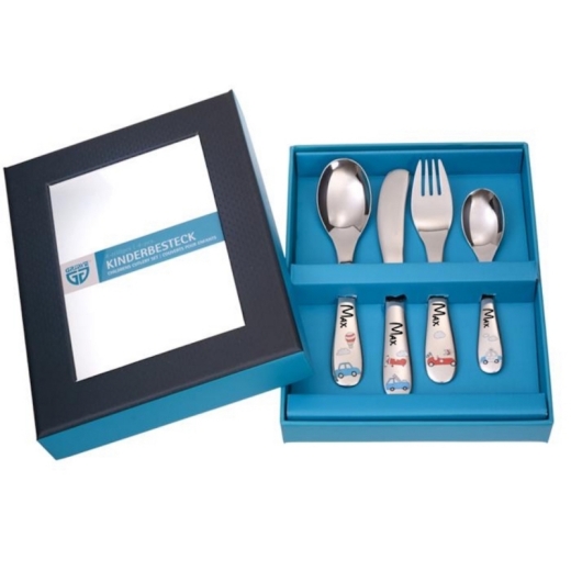 Kinderbesteck mit Namens-Gravur und bunten Motiven - Modell: AUTOS