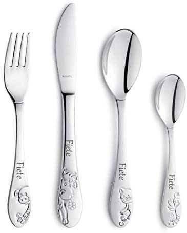 Kinderbesteck mit Namensgravur / Motiv Bauernhoffreunde / 4-teilig (alle 4 mit Name graviert)