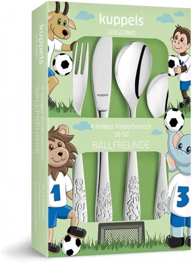 KIDDI-MEDIA Kinderbesteck mit Namensgravur/Motiv BALLFREUNDE / 4-teilig (alle 4 mit Name graviert)