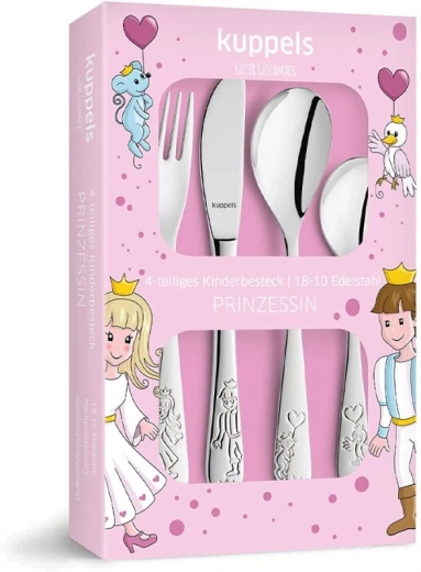 KIDDI-MEDIA Kinderbesteck mit Namensgravur/Motiv Prinzessin / 4-teilig (alle 4 mit Name graviert)