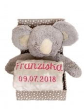 Babydecke mit Name & Geburtsdatum bestickt inkl. Plüsch Stofftier (Koala / Grau-Beige)