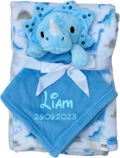 Babydecke inklusive Trösterchen mit Name und Geburtsdatum Bestickt/kuschelig weich / 1A Qualität (Blau Dino)