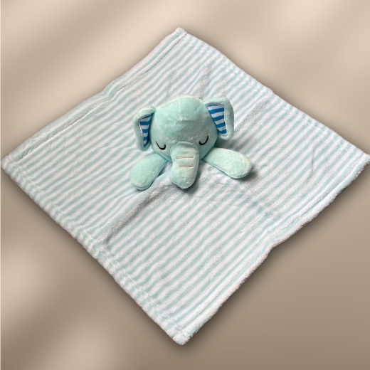 Babydecke inklusive Trösterchen mit Name und Geburtsdatum Bestickt/kuschelig weich / 1A Qualität (Hellblau Elefant Streifen)