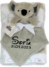 Babydecke inklusive Trösterchen mit Name und Geburtsdatum Bestickt/kuschelig weich / 1A Qualität (Grau Koala)