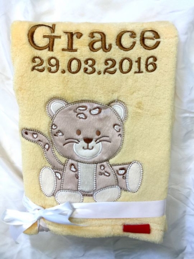 Babydecke - bestickt mit Name - Gelb LEOPARD