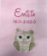 Eine rosa Babydecke, bestickt mit dem Namen "Emilia" und dem Datum "15.11.2020" in dunkelrosa Schrift. Darunter ist eine süße Eule in Beige und Weiß mit großen Augen und einer kleinen rosa Schleife auf dem Kopf aufgestickt.