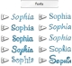 Die Abbildung zeigt zehn nummerierte Beispiele des Namens „Sophia“ in verschiedenen blauen Schriftarten auf weißem Hintergrund. Die Stile reichen von eleganter Kursivschrift bis zu klassischen Buchstaben als Optionen zur Personalisierung.
