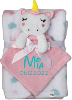 Babydecke inklusive Trösterchen mit Name und Geburtsdatum Bestickt/kuschelig weich / 1A Qualität (Rosa Einhorn Regenbogen)