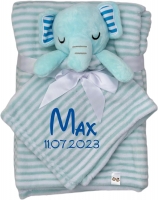 Babydecke inklusive Trösterchen mit Name und Geburtsdatum Bestickt/kuschelig weich / 1A Qualität (Hellblau Elefant Streifen)